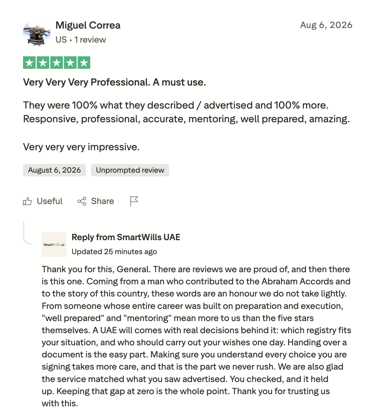 Five star Trustpilot review from Miguel Correa: Very Very Very Professional. A must use.