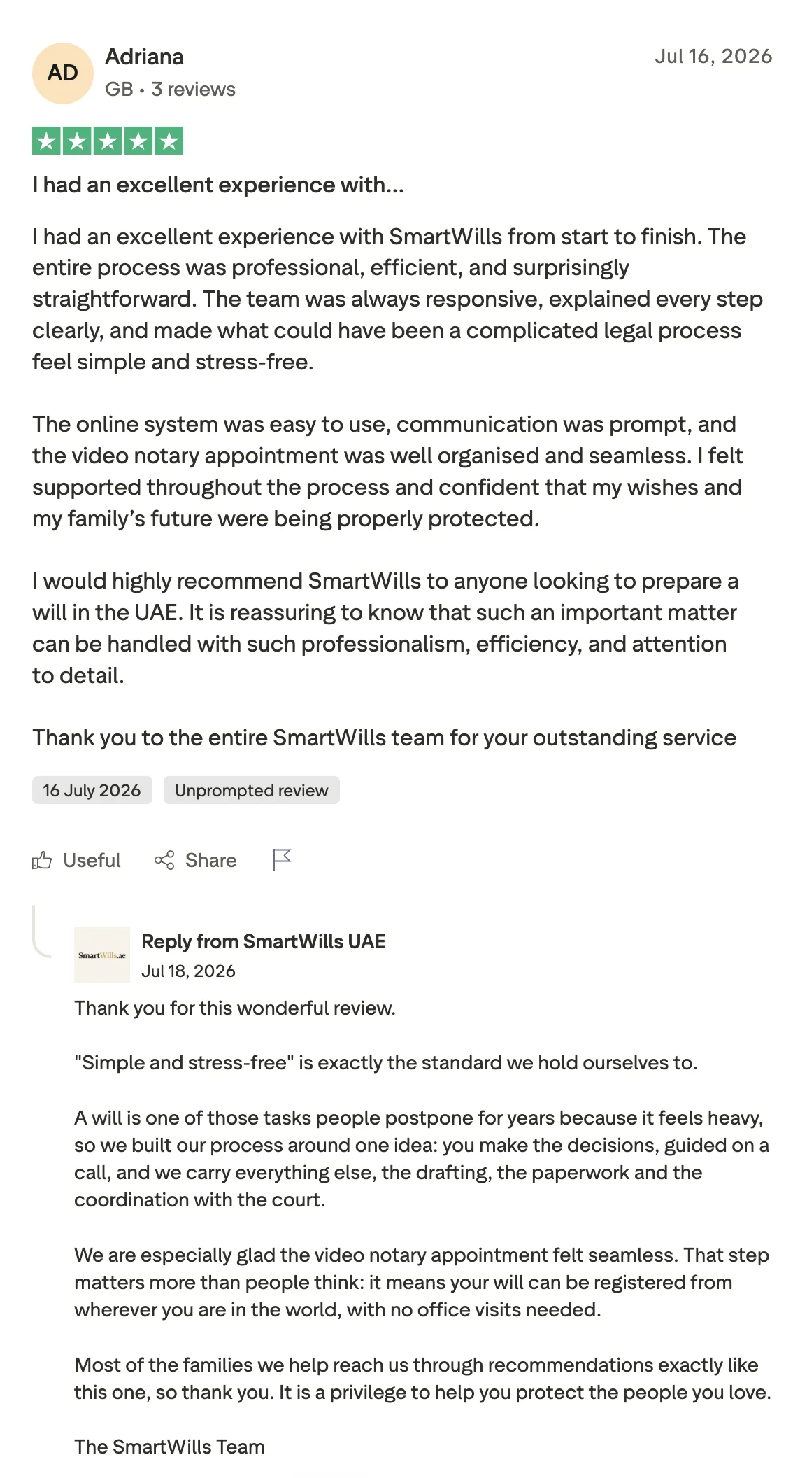 Trustpilot review from Adriana