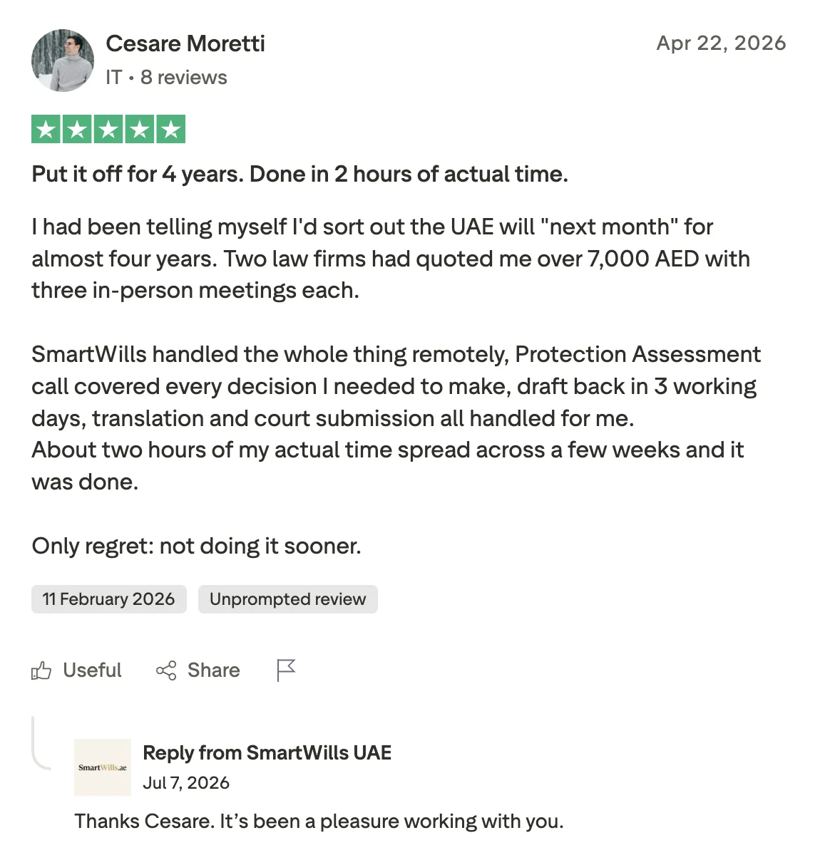 Trustpilot review from Cesare Moretti