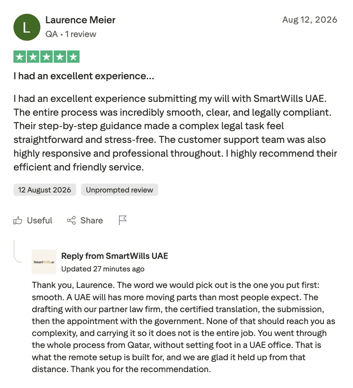 Trustpilot review from Laurence Meier
